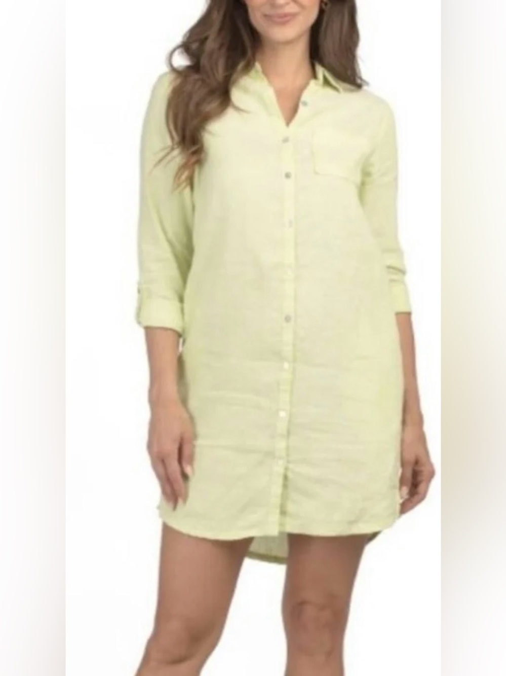 C&C California Lime Green Linen Button-Front Casual relaxed Shirt Dress Small